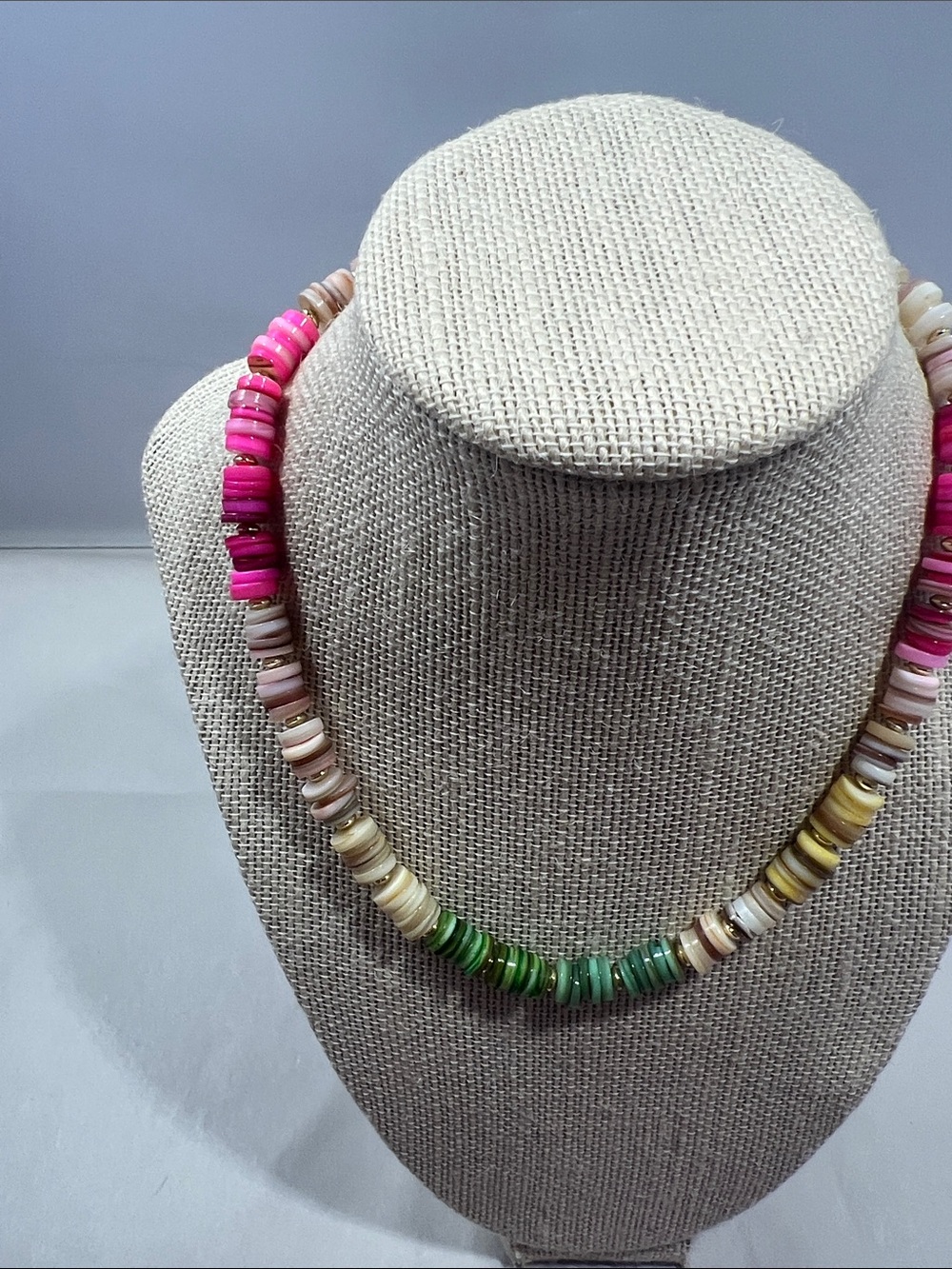 Colorful Heishi Bead Necklace — Pink & Green